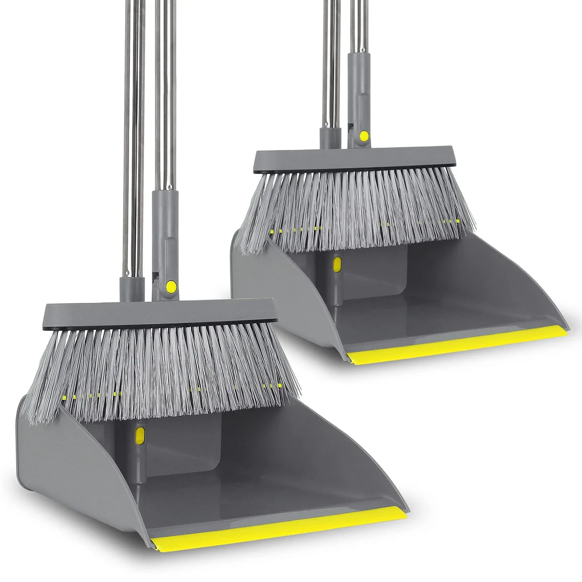 Grey broom and dustpan set with adjustable handle standing upright