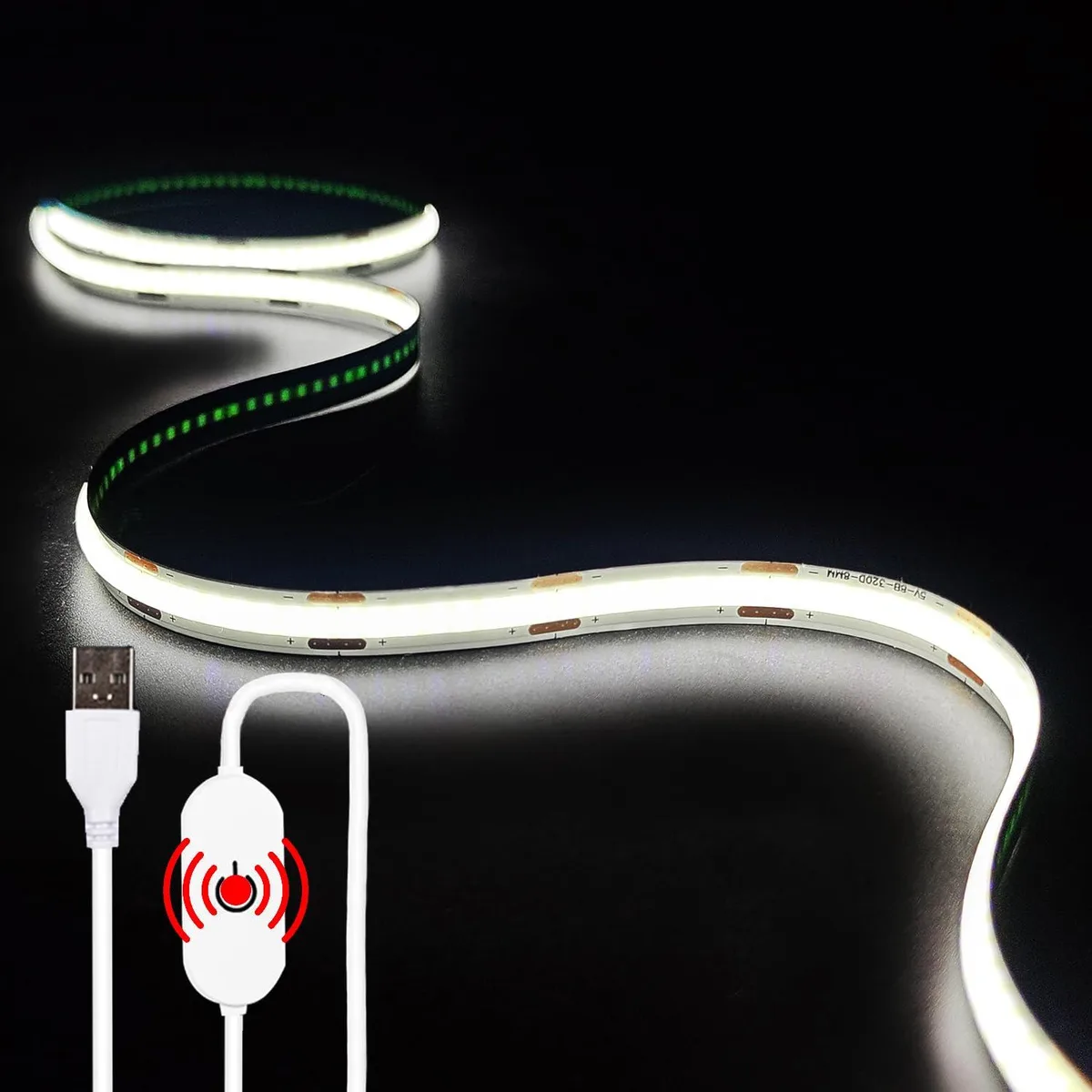 White 3.3FT COB LED strip with touch controller, USB powered