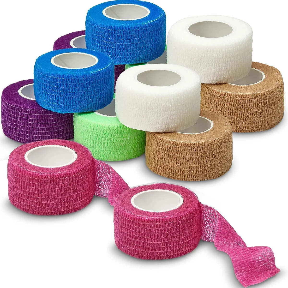 Twelve rainbow cohesive wrap bandage rolls in a pack