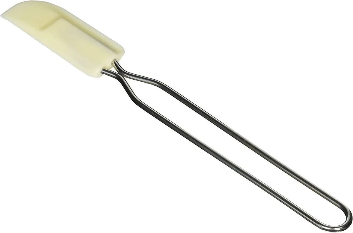 White silicone spatula with stainless steel handle, 9 inches long