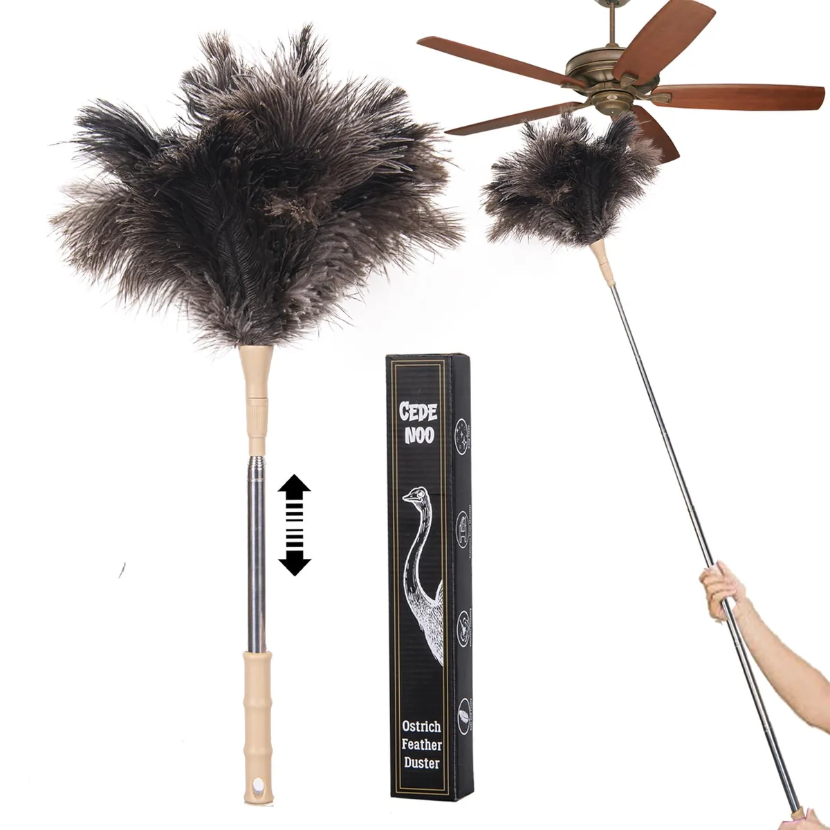 Extendable ostrich feather duster with stainless steel handle reaching 47 inches