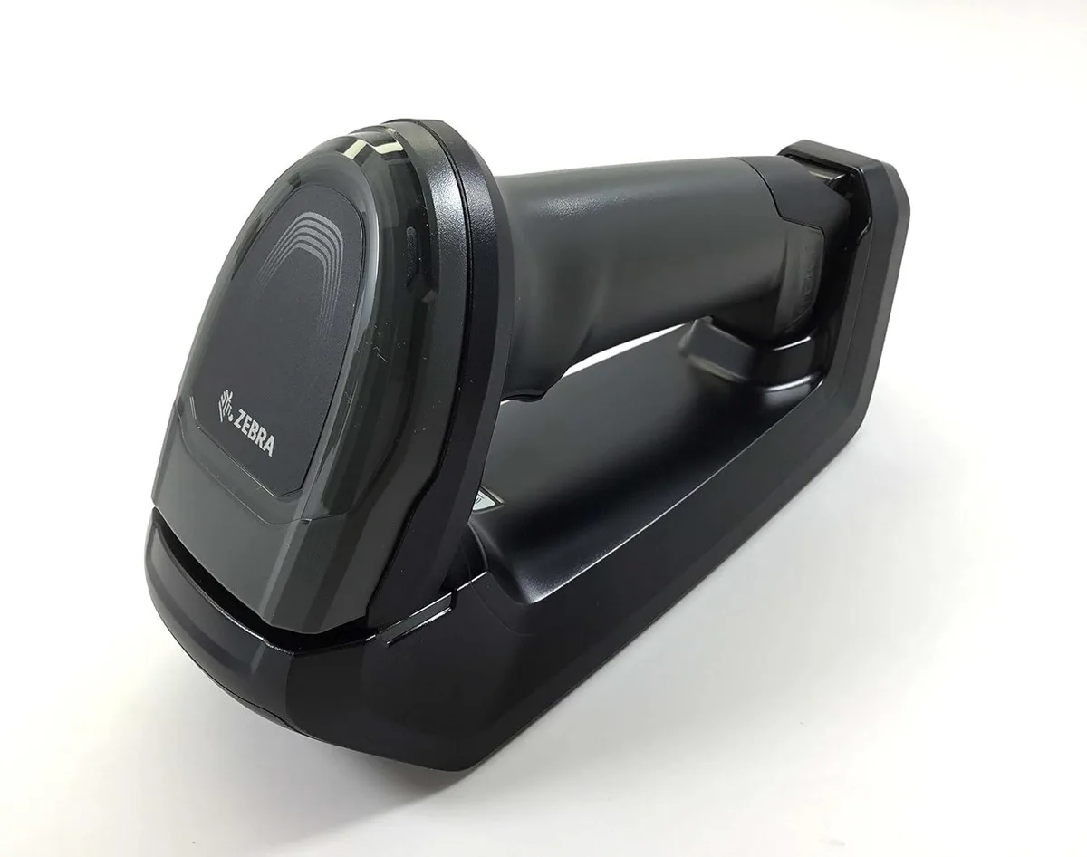 Black cordless handheld scanner kit with cradle and shielded USB cable