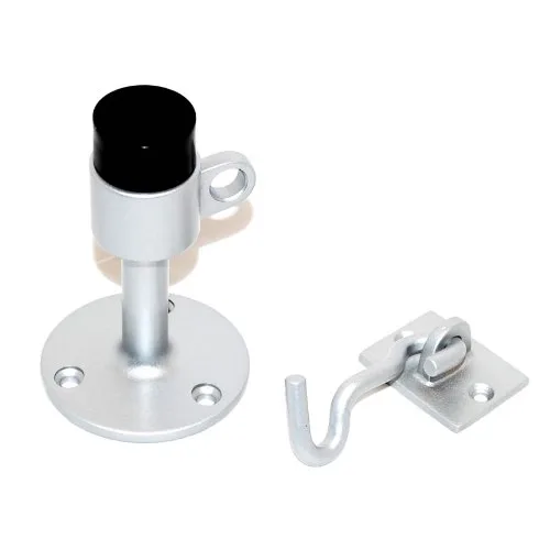 Cast aluminum wall-mounted door stop with hook and plate, satin finish, three-hole base