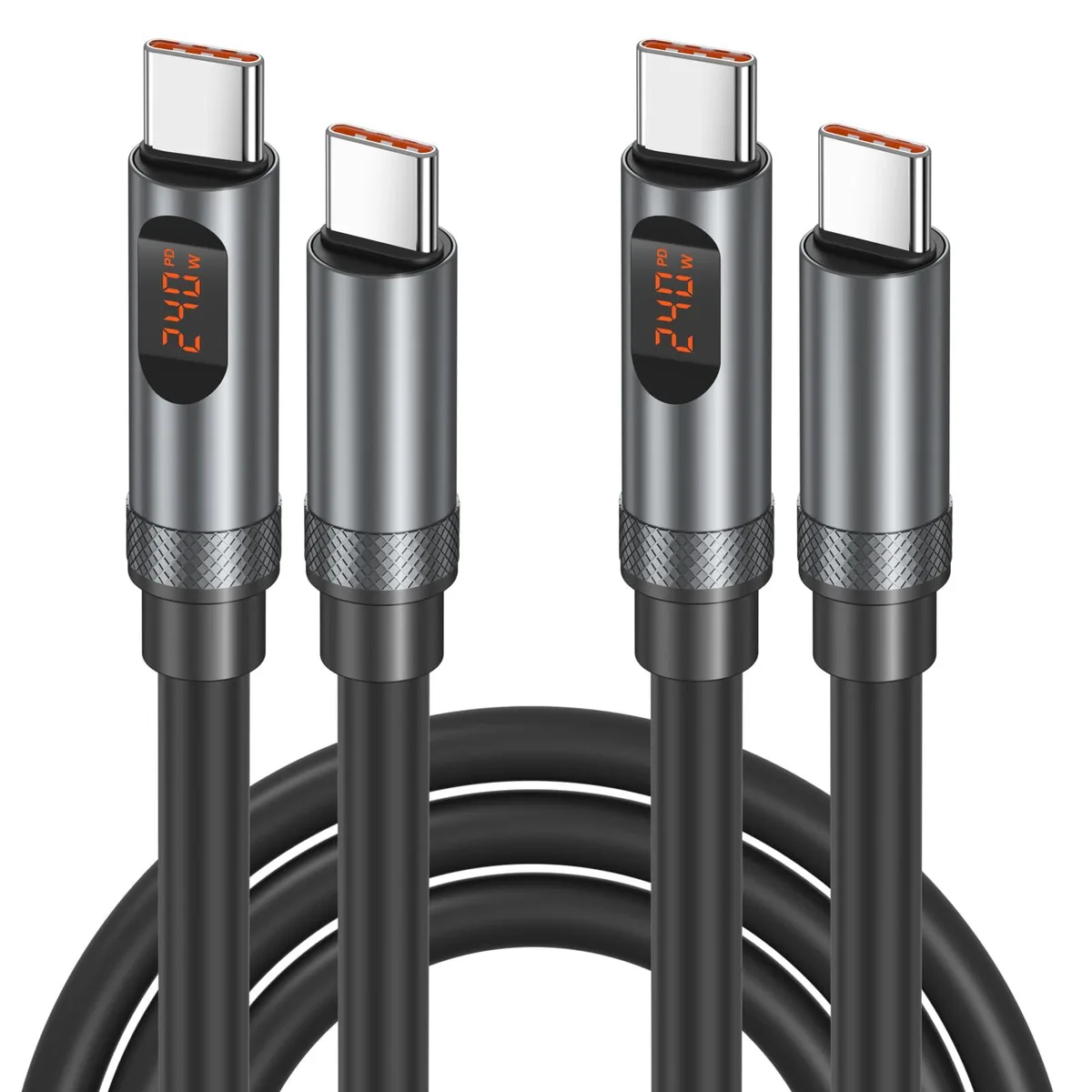 Two black USB-C cables with LED displays coiled together