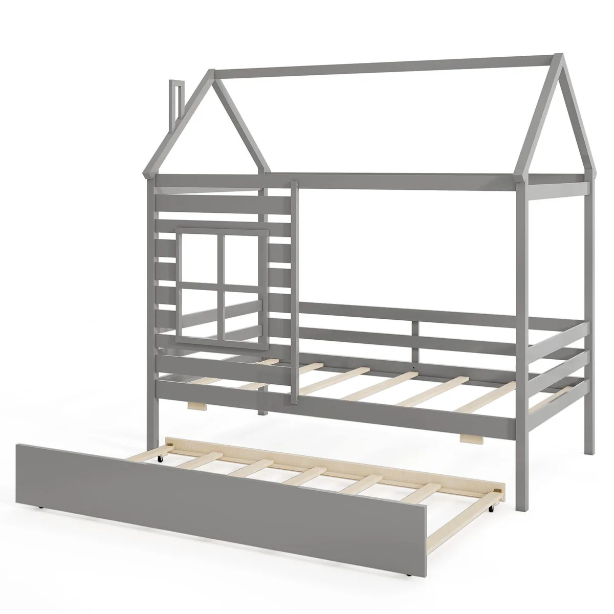 SlickBlue SlickBlue Wooden Platform House Bed with Trundle and Roof Twin Grey — product photo