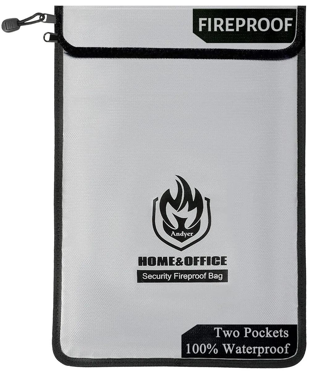 Beige fireproof document bag 15 by 11 inches with two zippered pockets and reflective strip