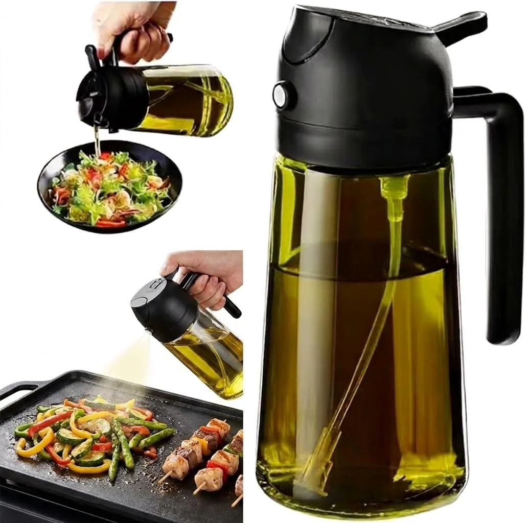 Black glass oil sprayer with spray and pour lid, 470ml capacity, 7.87 inches tall