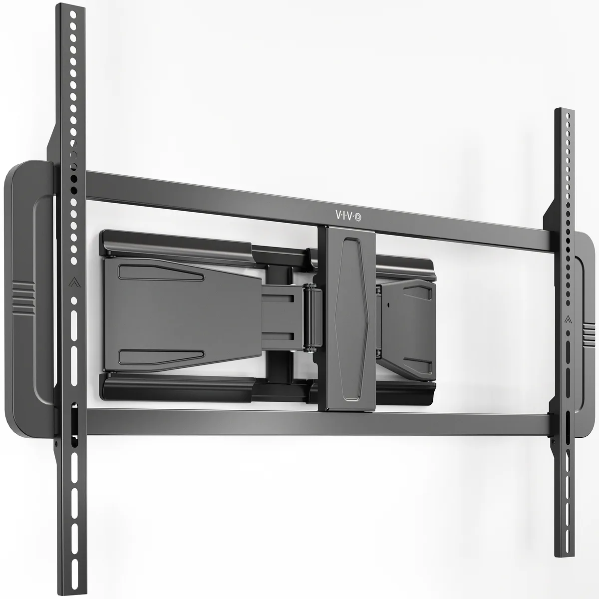 Black steel telescoping TV wall mount, fully extended showing articulated arm and VESA bracket