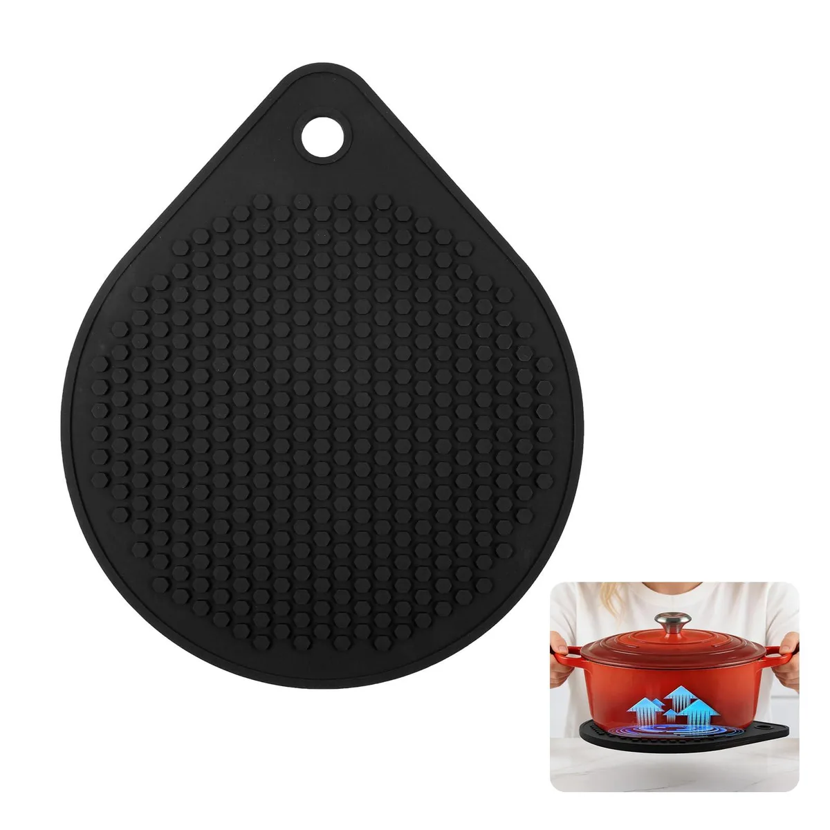 Magnetic silicone trivet, eight inches round, grey textured surface with hanging hole