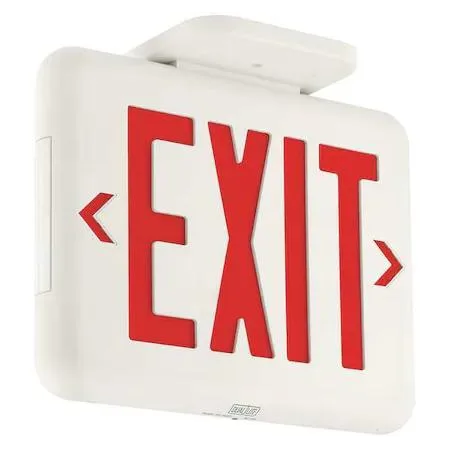 White plastic exit sign with red letters and universal chevrons