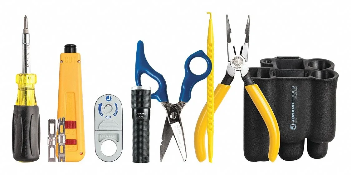 Jonard TK-17 punchdown tool kit with blades, screwdriver, stripper, flashlight, pliers, spudger in pouch