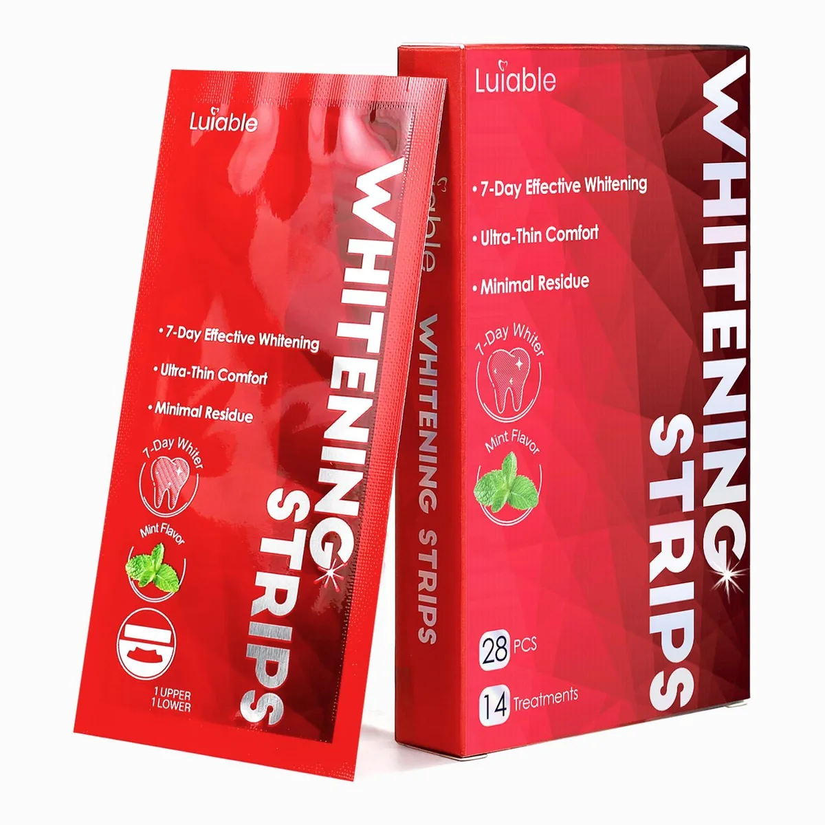 White teeth whitening strips in packaging with shade guide