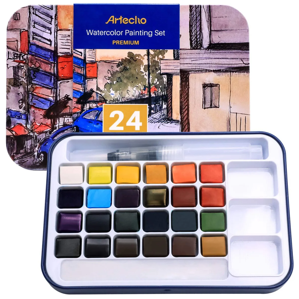 Artecho Watercolor Paint Set 24 Colors Tin Box with Brush — product photo