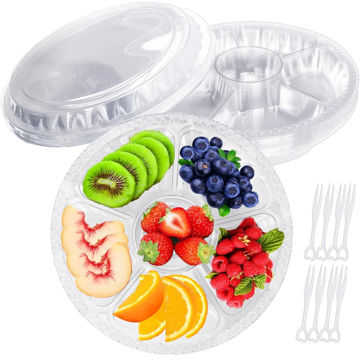 Twelve clear round trays with lids and forks, six compartments each, glossy plastic finish