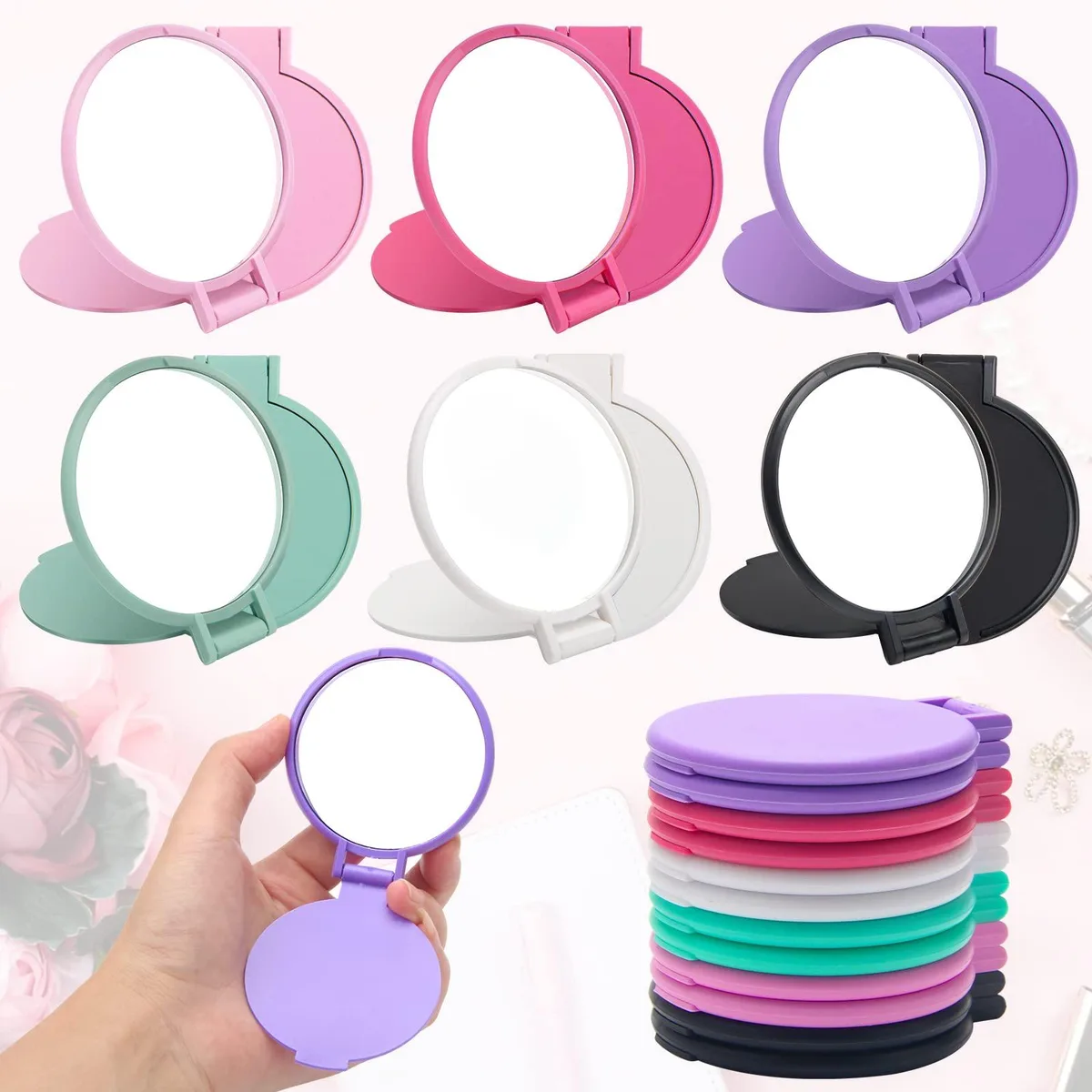 Twelve 2.4-inch round folding mirrors in pink, purple, rose red, white, black and green ABS frames