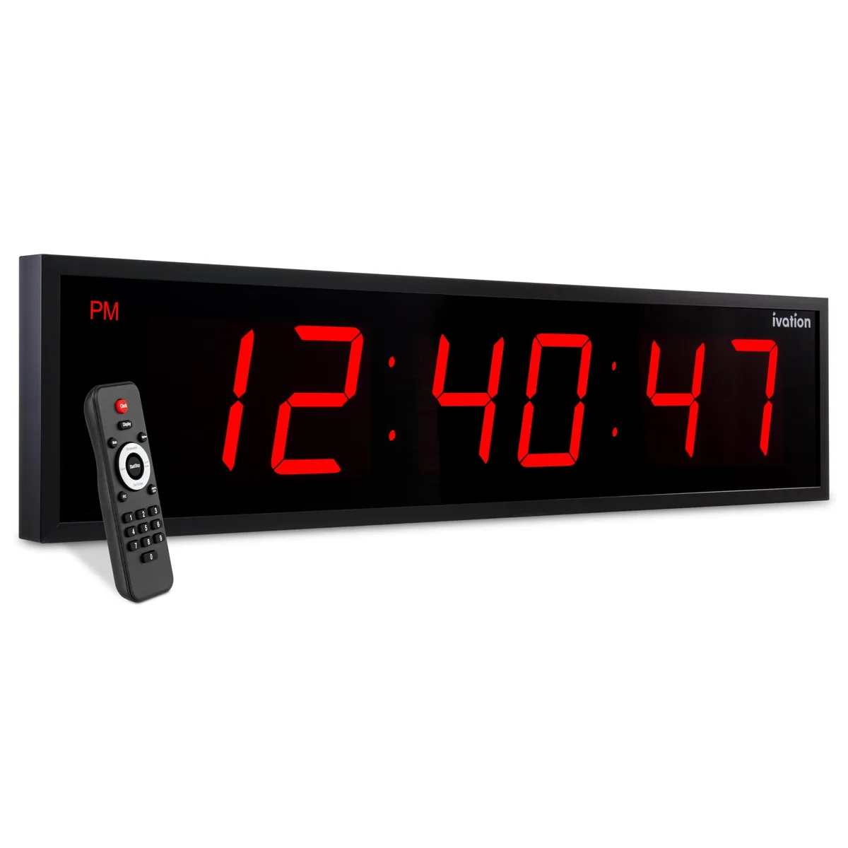 Large red digital LED clock 60 inches wide with 8 inch digits and remote control