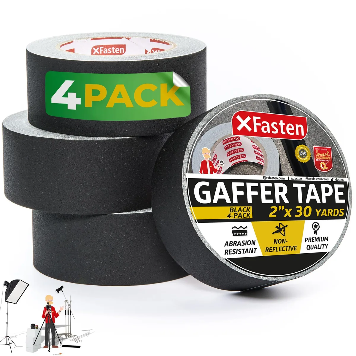  XFasten Black Gaffer Tape 2 Inch x 30 Yards 4-Pack 360ft — product photo