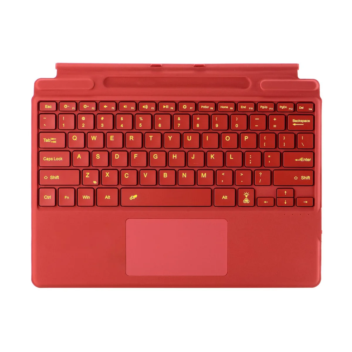 Slim dark keyboard with trackpad and pen loop, USB-C cable beside it
