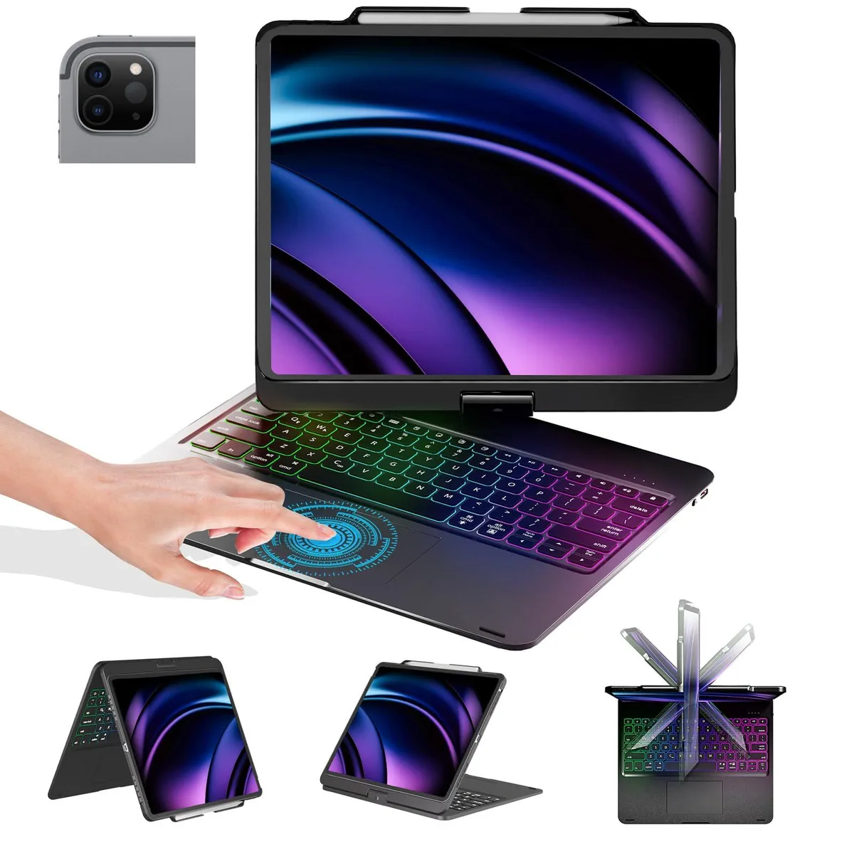  BABG Keyboard Case 12.9/13 inch 360° Rotatable Backlit Trackpad Black — product photo