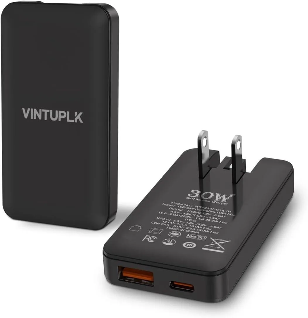 No Sew No Sew 30W Flat USB C Charger Dual-Port GaN Wall Adapter Foldable Plug Black — product photo