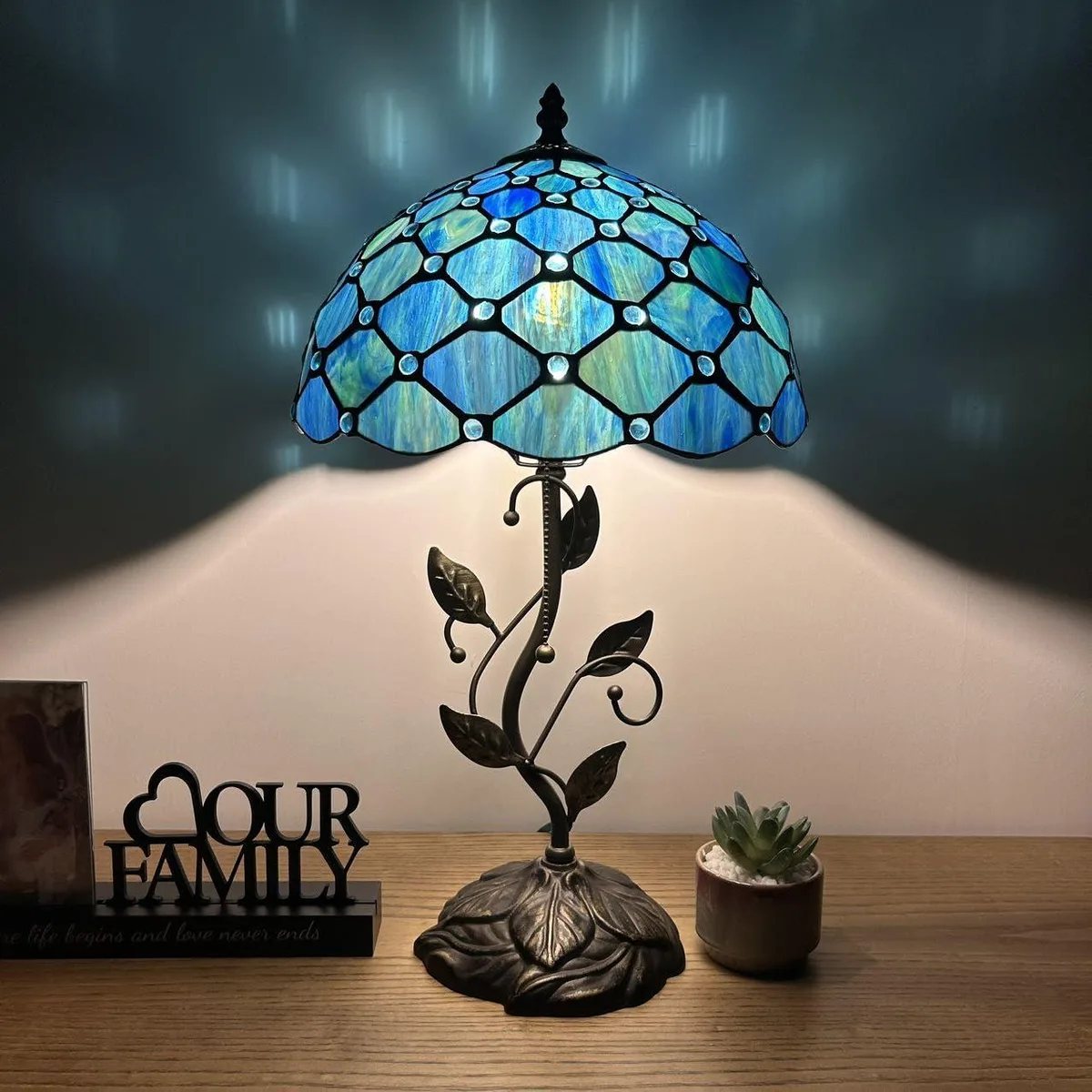 XIN CHENG TIFFANY LIGHTING XIN CHENG TIFFANY LIGHTING Tiffany Style Table Lamp Blue Green Stained Glass Crystal Beans 12"W*12"D*22"H — product photo