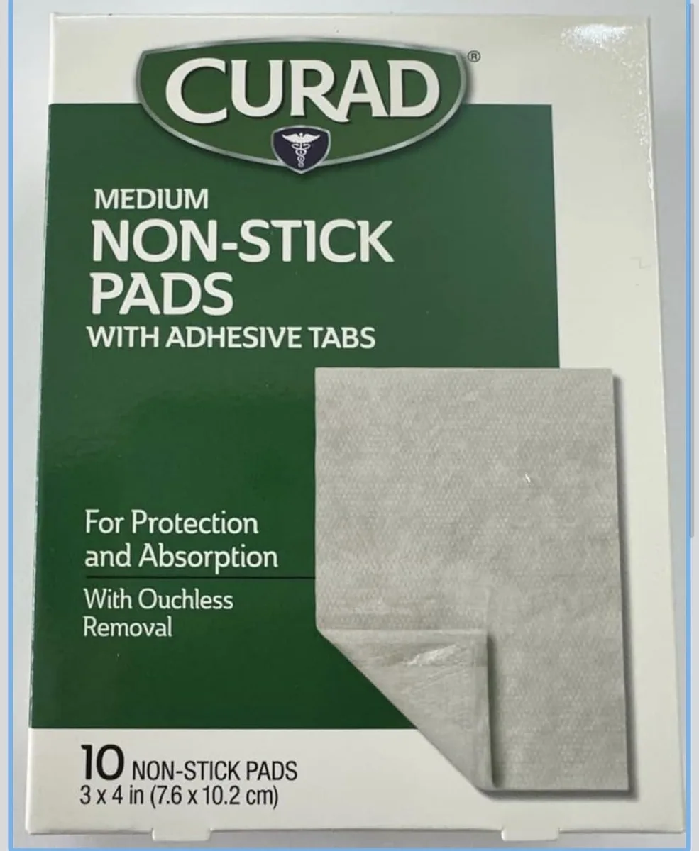 White rectangular box containing ten sterile non-stick wound pads