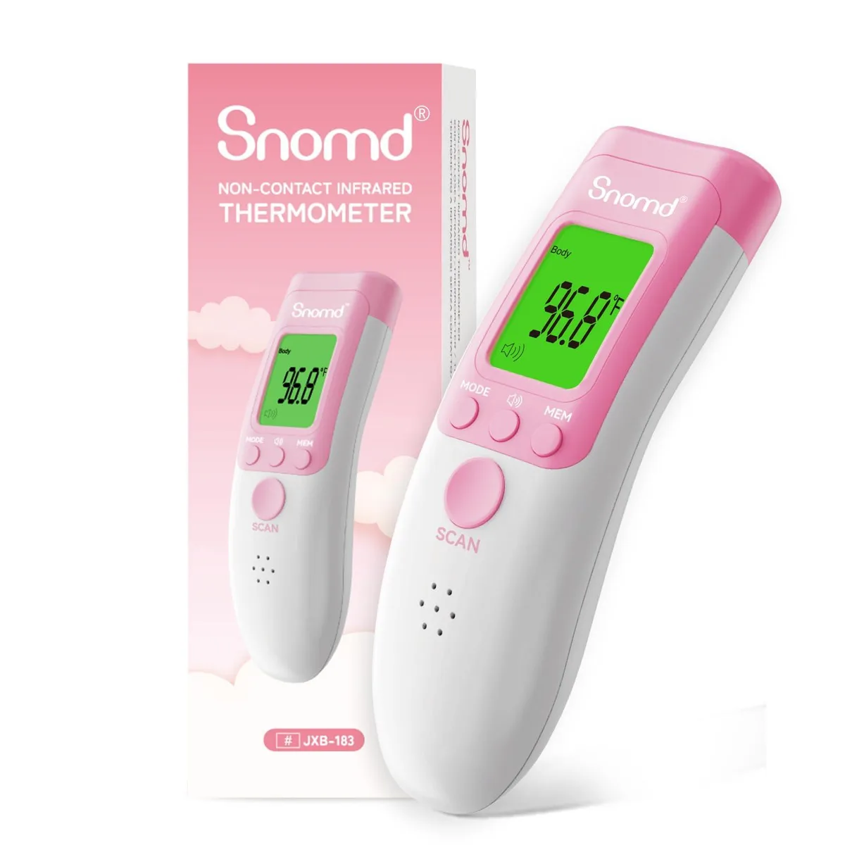 Pink handheld infrared thermometer with LCD display