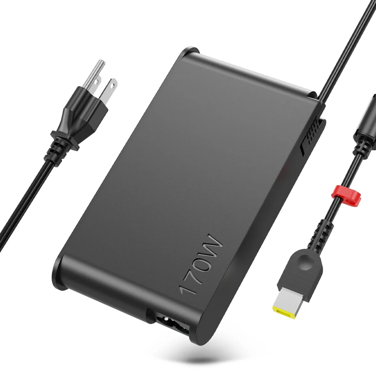 Black rectangular 170W Lenovo Slim Tip AC adapter with yellow square connector and US power cord