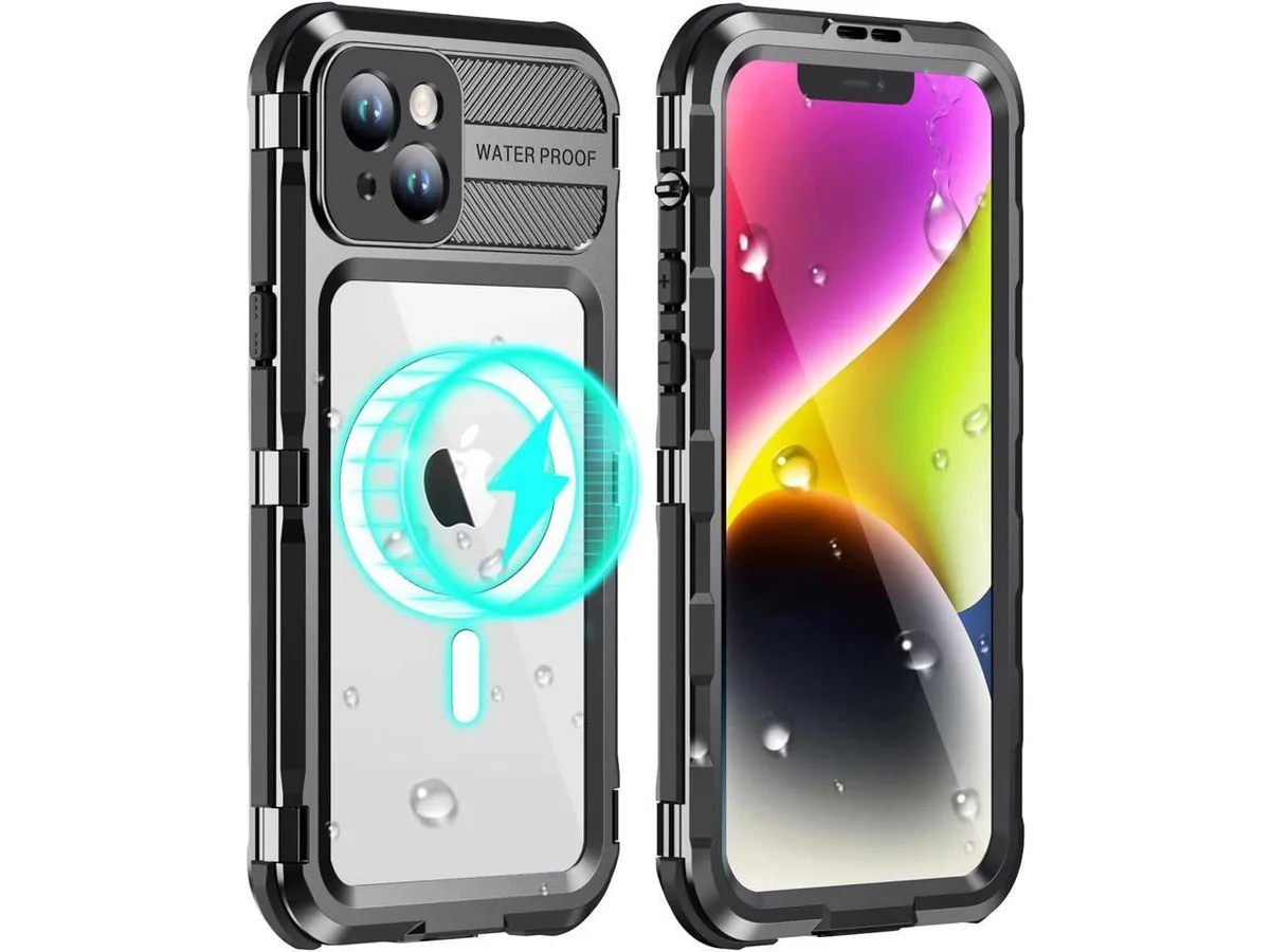 Black waterproof protective case for iPhone 15 with metal frame and built-in screen protector