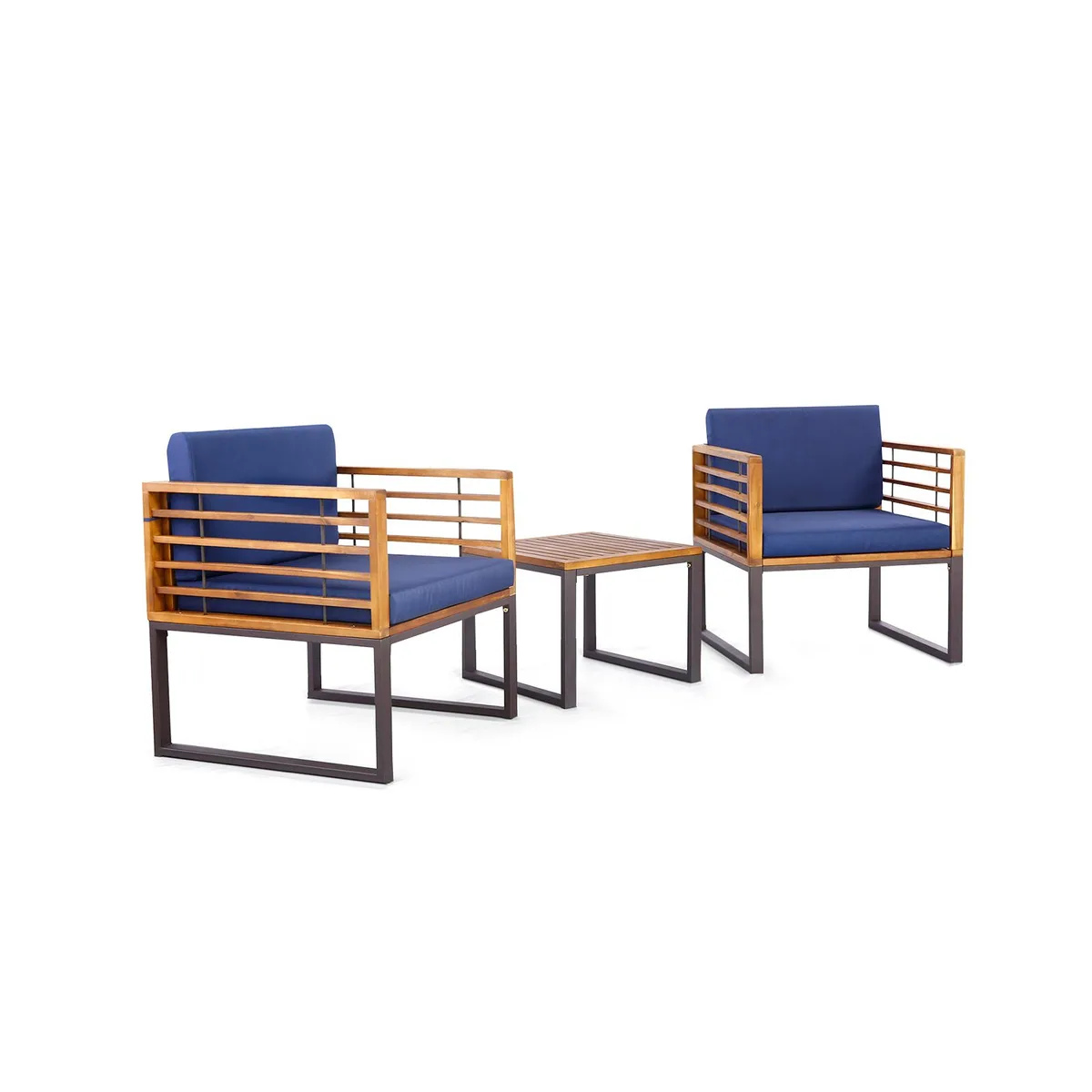 SlickBlue SlickBlue 3-Piece Acacia Wood Patio Set Navy Cushions 2 Chairs 20" Table 26" Chairs 14" Seat Height — product photo