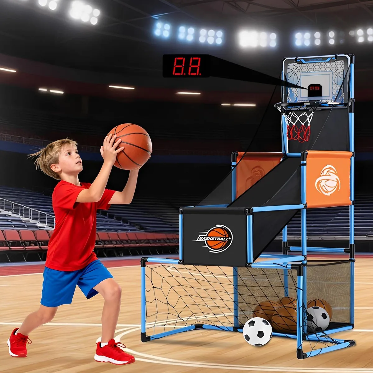 2 in 1 Basketball & Soccer Play Area 44-61" 6 Balls Pump — product photo
