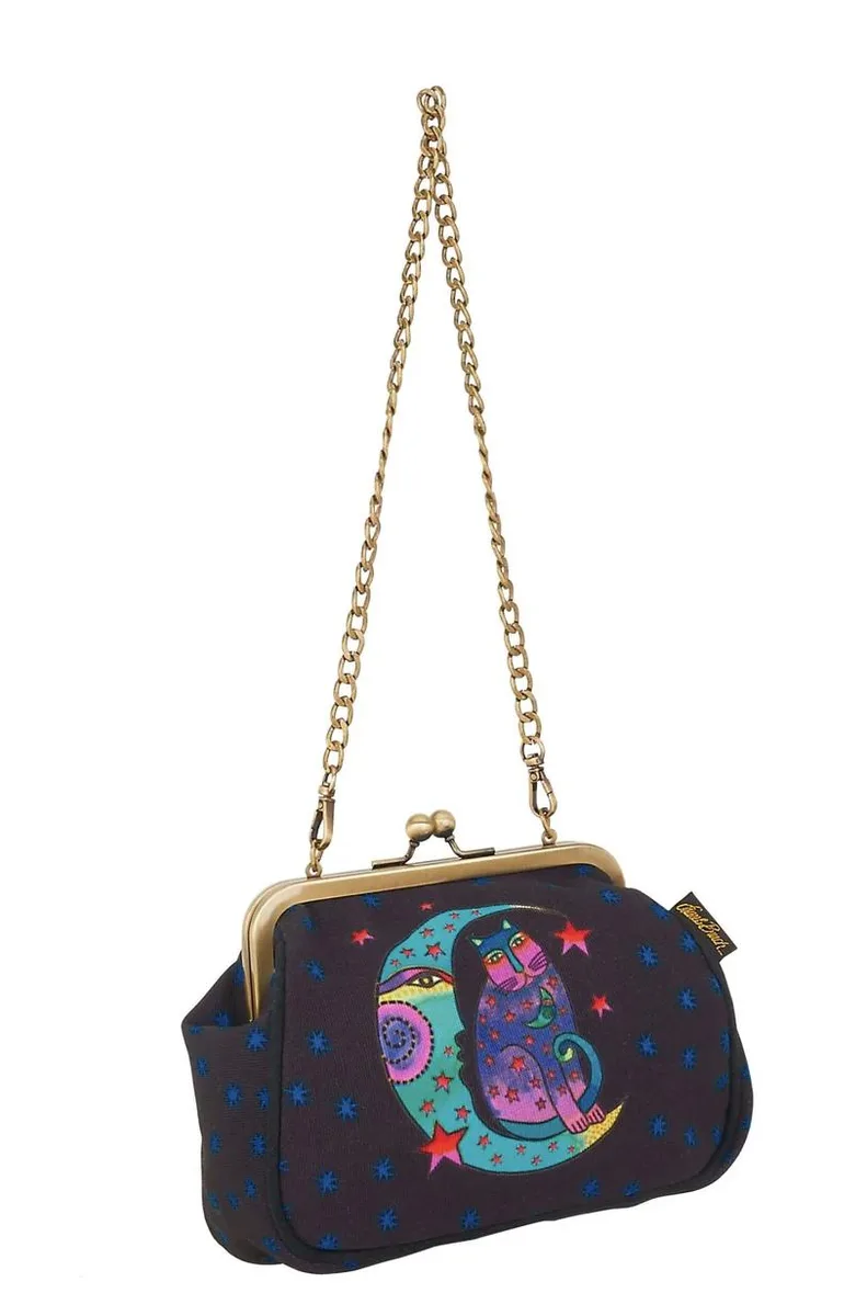 A plush cat-shaped purse with metallic clasp and chain strap