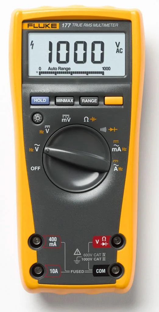 Yellow handheld digital multimeter with overmolded grey case, LCD screen, rotary selector knob and integrated probe holders