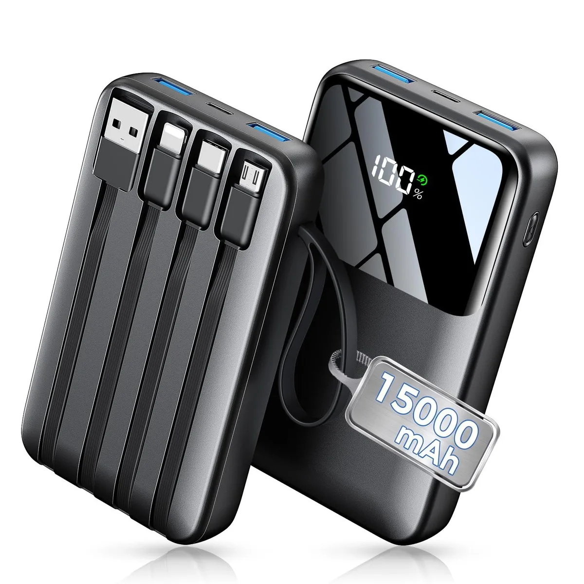 HELLEE N18 15000mAh power bank 22.5W 6 outputs built-in cables black — product photo