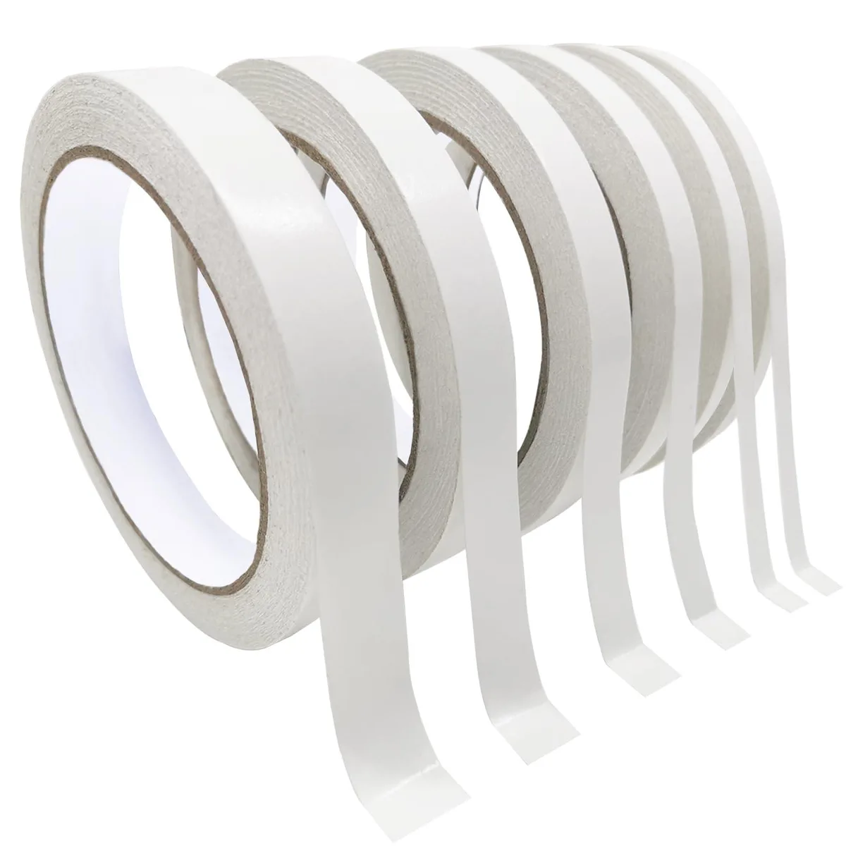 Six rolls of double-sided adhesive tape in assorted widths, translucent paper backing, tear-by-hand design