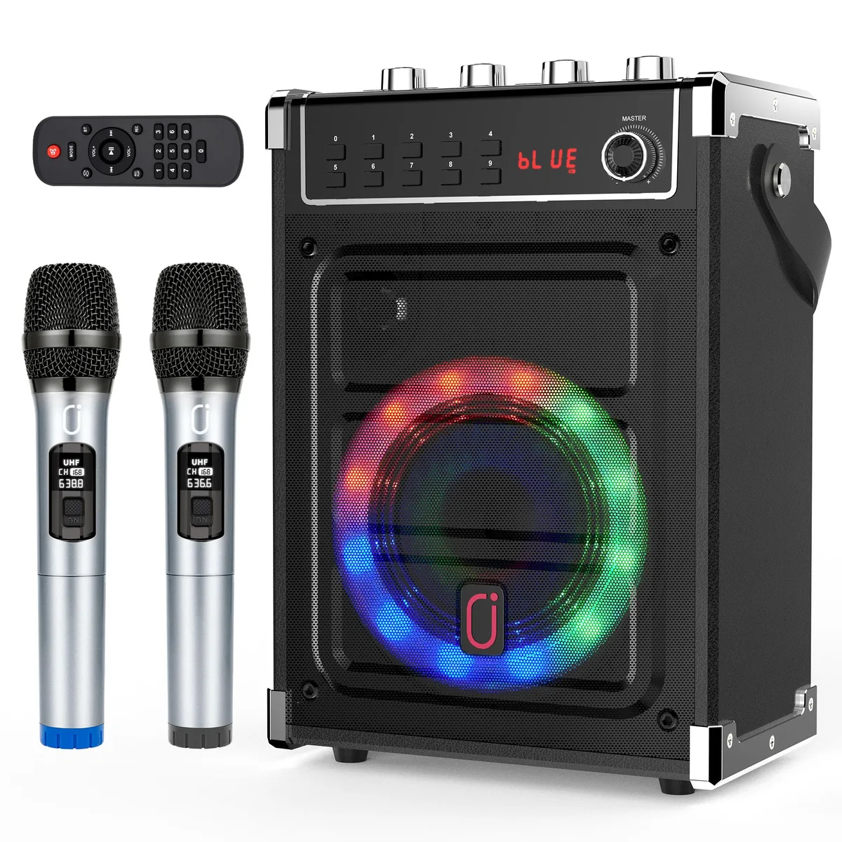 JYX JYX JYX-69B Karaoke System with 2 Wireless Microphones, Bluetooth, FM Radio, Recording, LED Lights — product photo