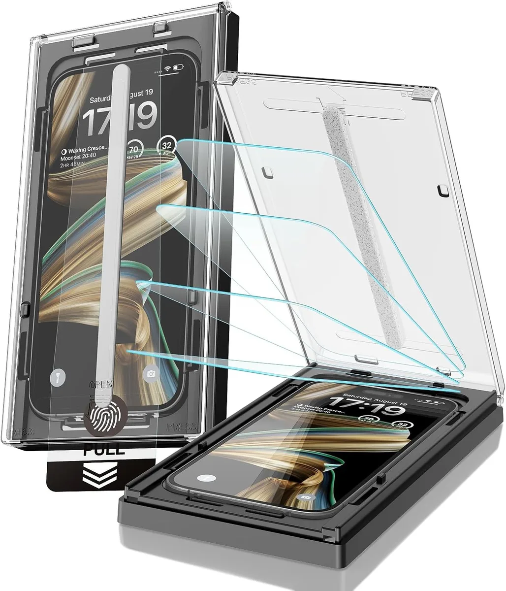 Four clear tempered glass screen protectors in a box