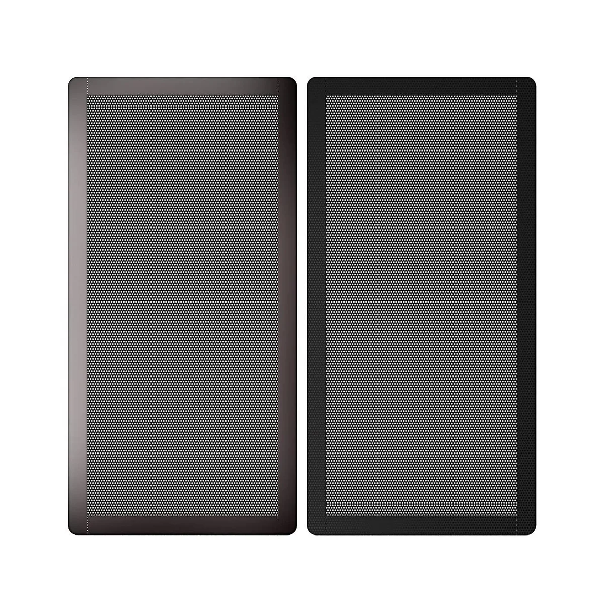 Two black rectangular magnetic dust filters with fine mesh and metal frames