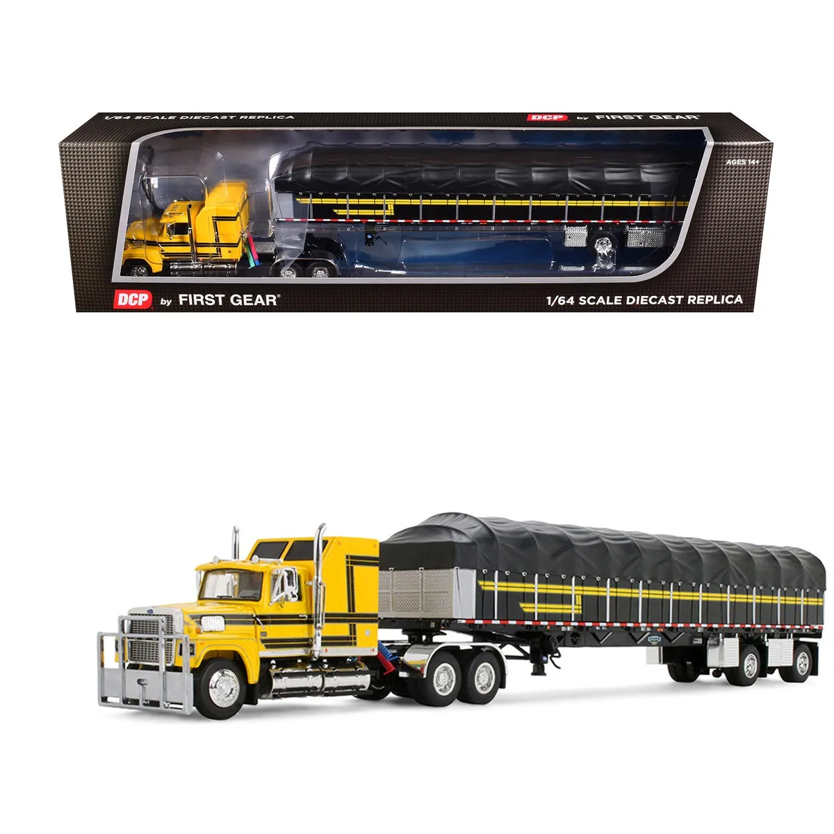 First Gear First Gear Ford LTL 9000 60" Aerodyne Sleeper 53' Wilson Roadbrute Trailer Yellow Black 1/64 Diecast — product photo