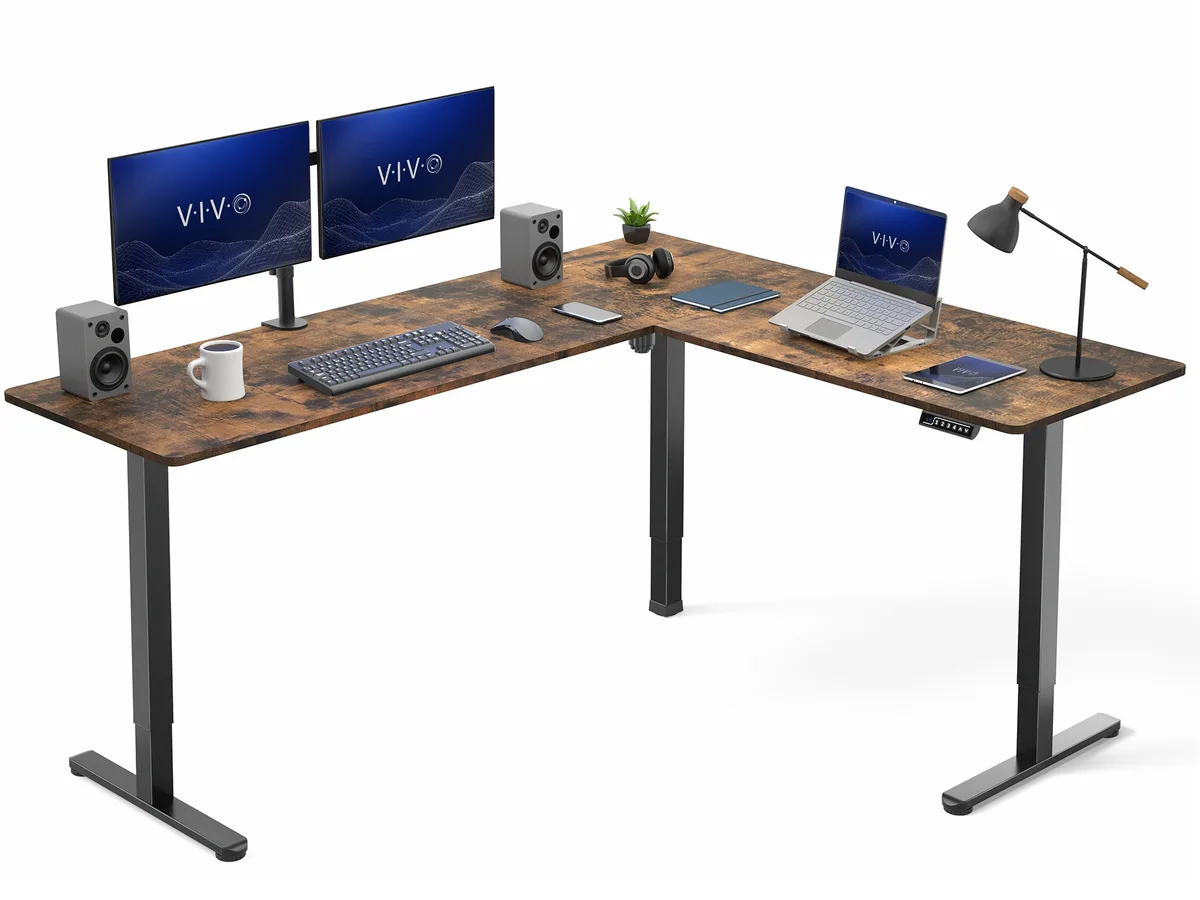 VIVO VIVO Vintage Brown / Black Electric 75" x 63" Corner Desk Workstation — product photo