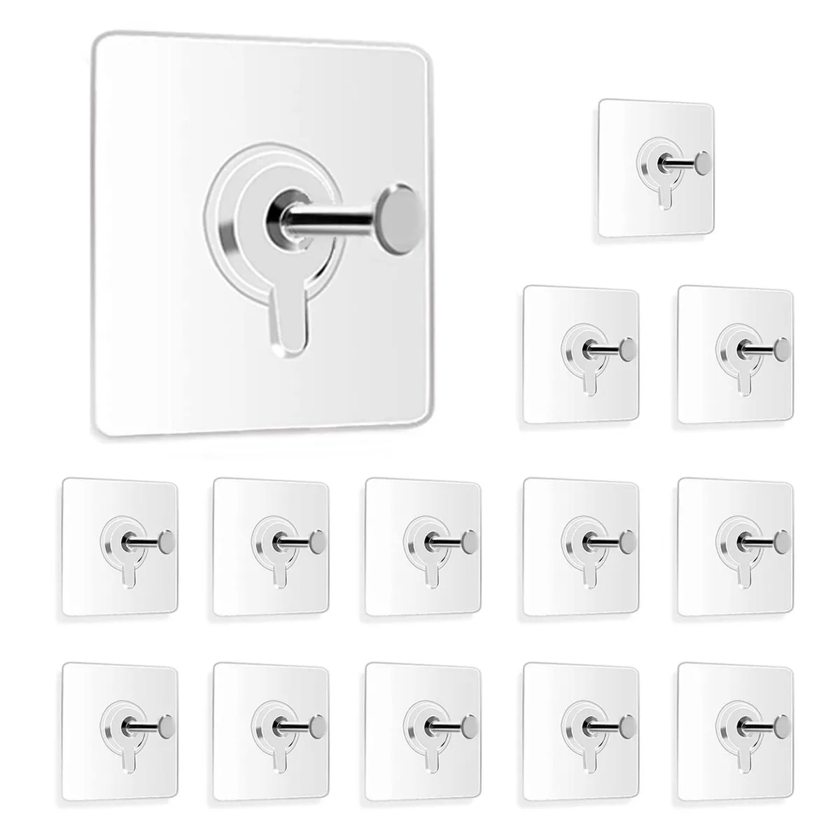 Fourteen transparent adhesive hooks in stainless steel and acrylic gel, each 2.36 inches square