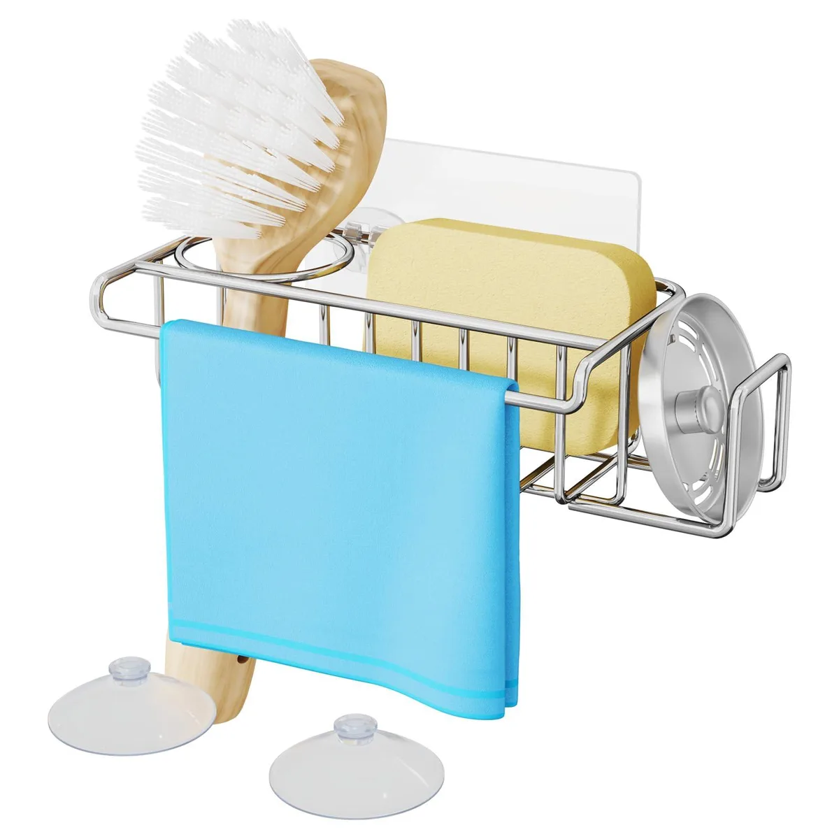 Silver stainless steel sink caddy with sponge holder brush rack and cloth hanger adhesive or suction mount