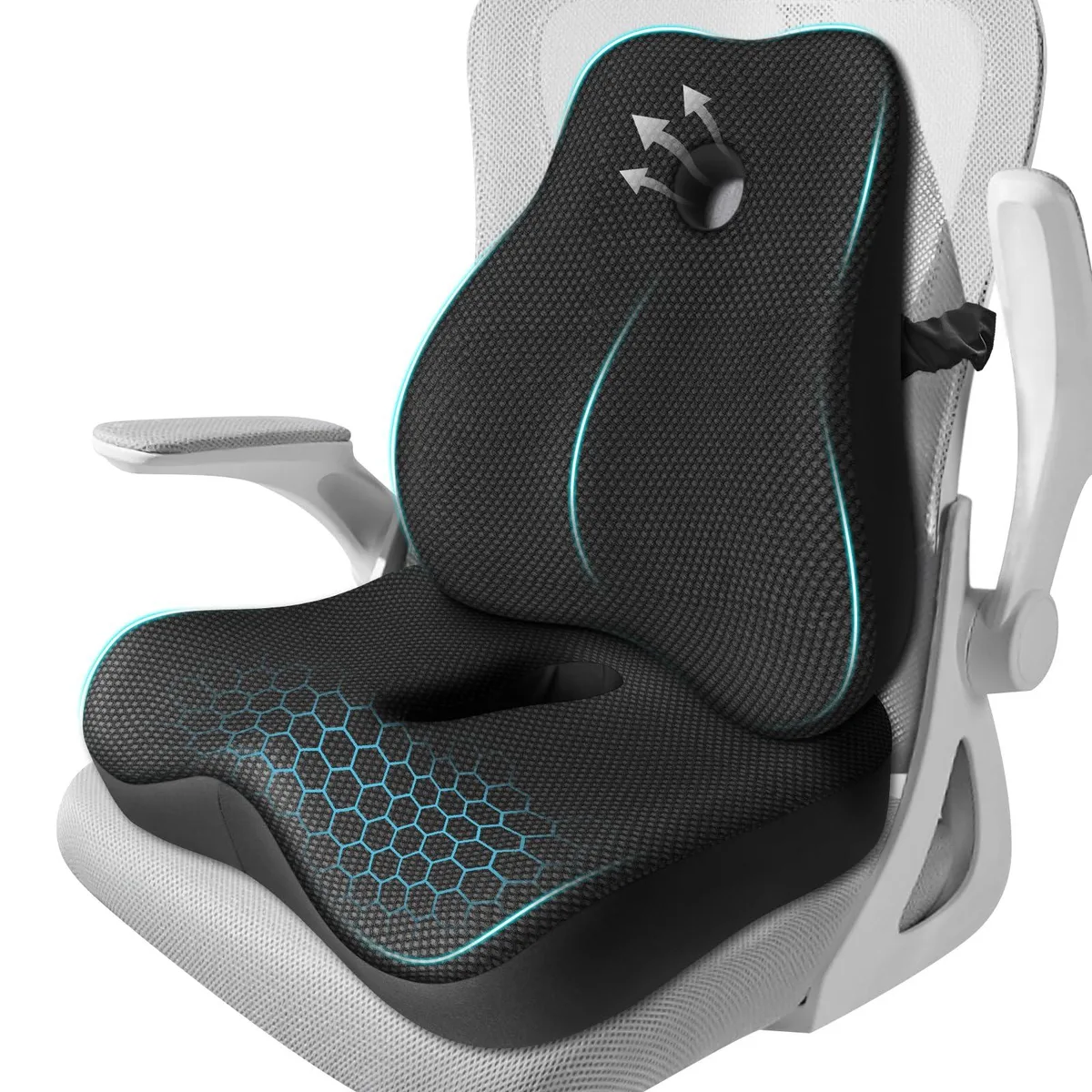 Black memory foam seat cushion and lumbar pillow set, ten pieces, mesh covers with adjustable straps