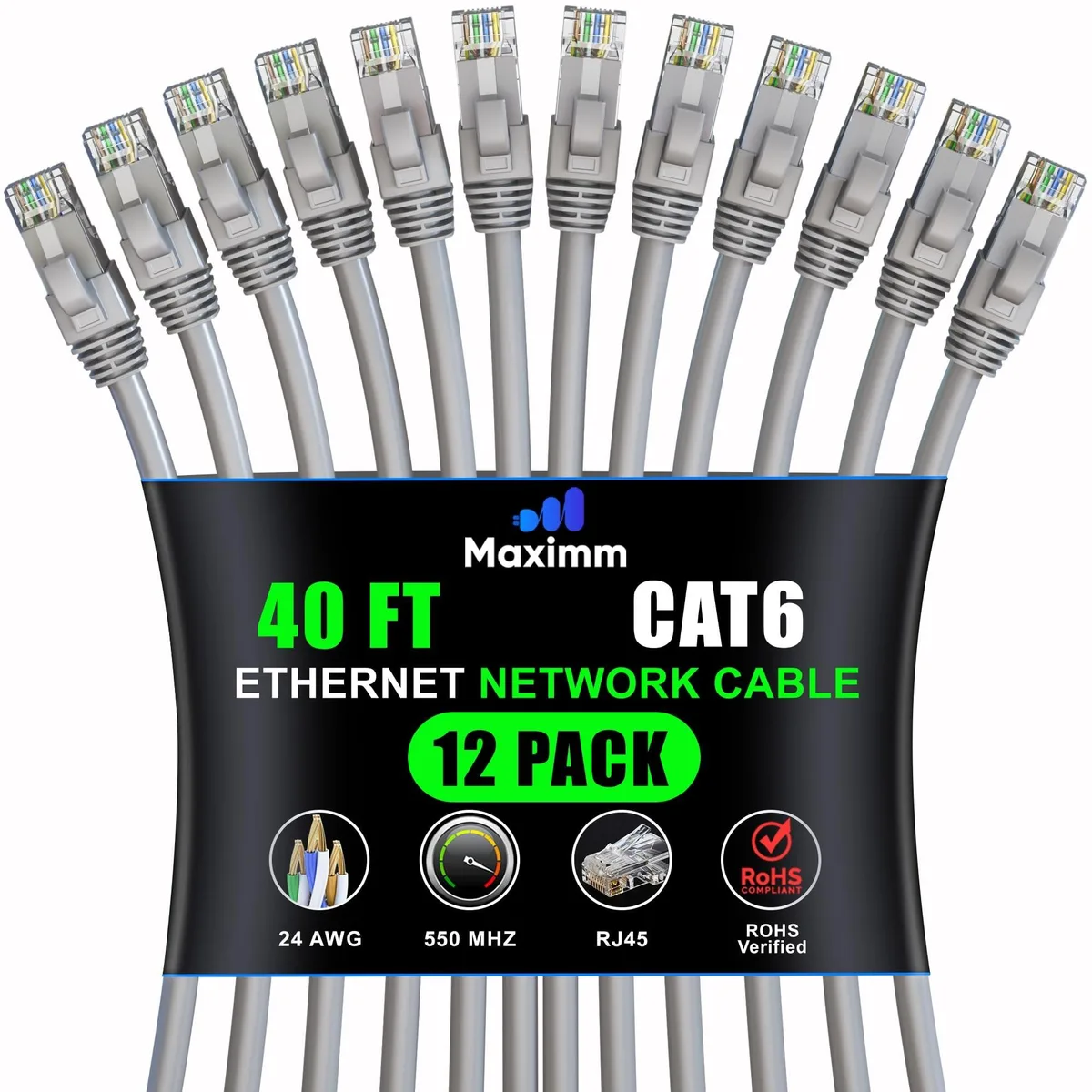 maximm maximm Cat 6 Ethernet Cable 40 ft 12 Pack Gray 2 in 1 Accessories — product photo