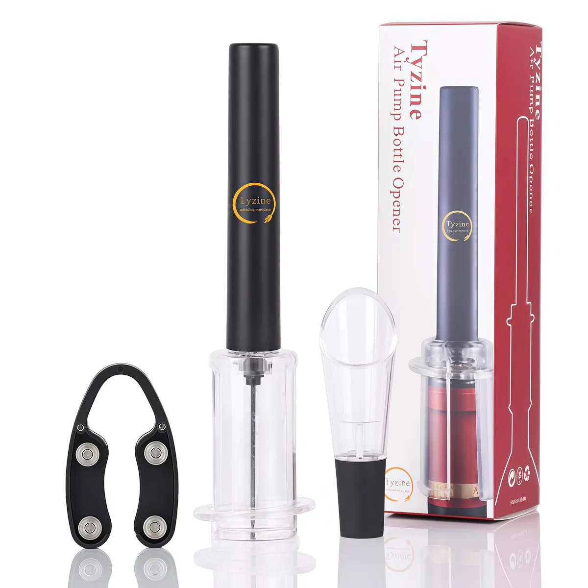 Three matte-black air-pump wine openers with foil cutters and aerator pourers