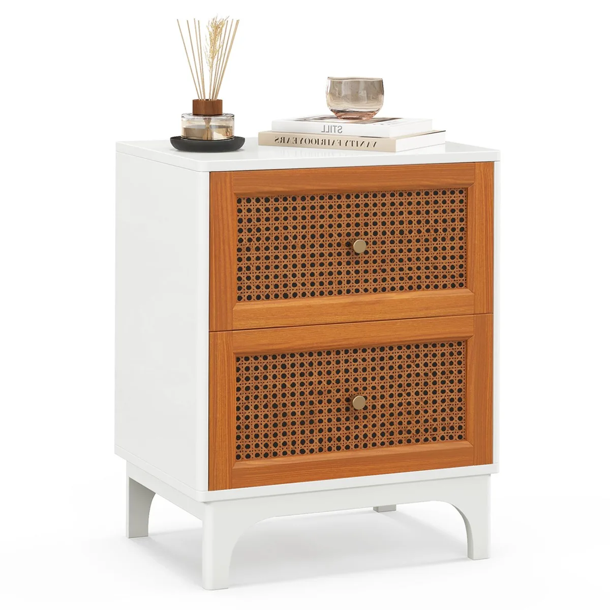 SlickBlue SlickBlue Boho Nightstand 2 Rattan Drawers White 18x13x23.5in — product photo