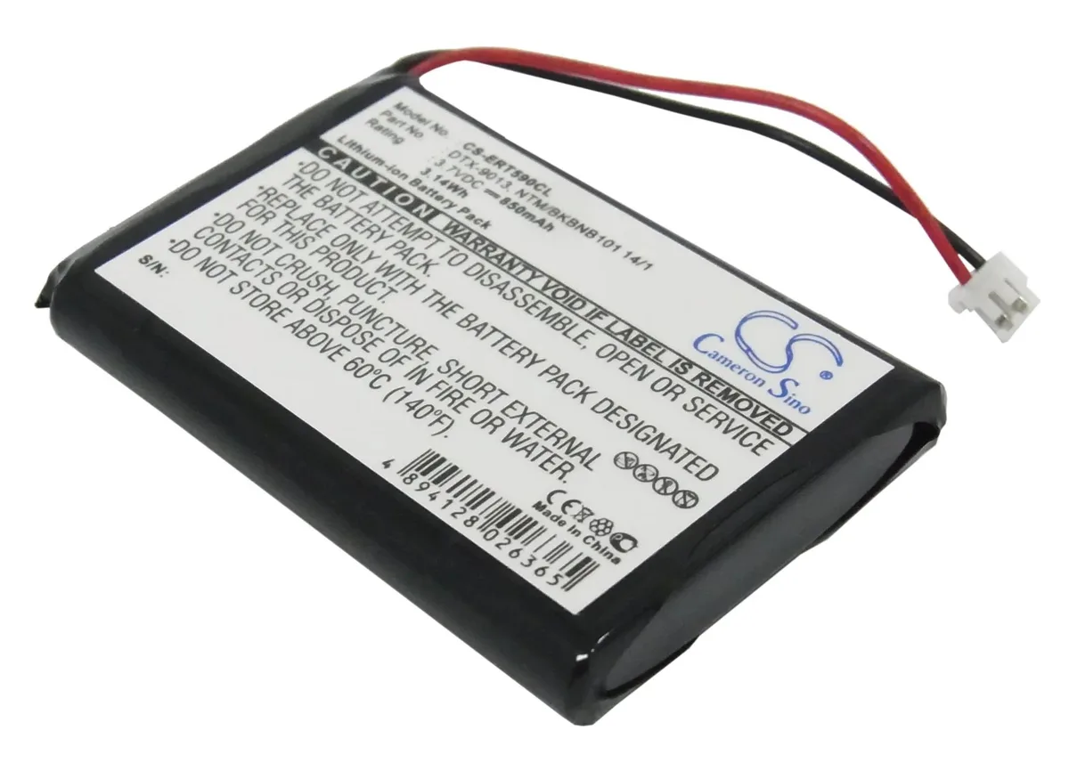 Rectangular black replacement battery pack with label and connector terminals