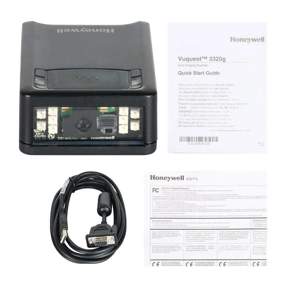 Black handheld barcode scanner with cable attached