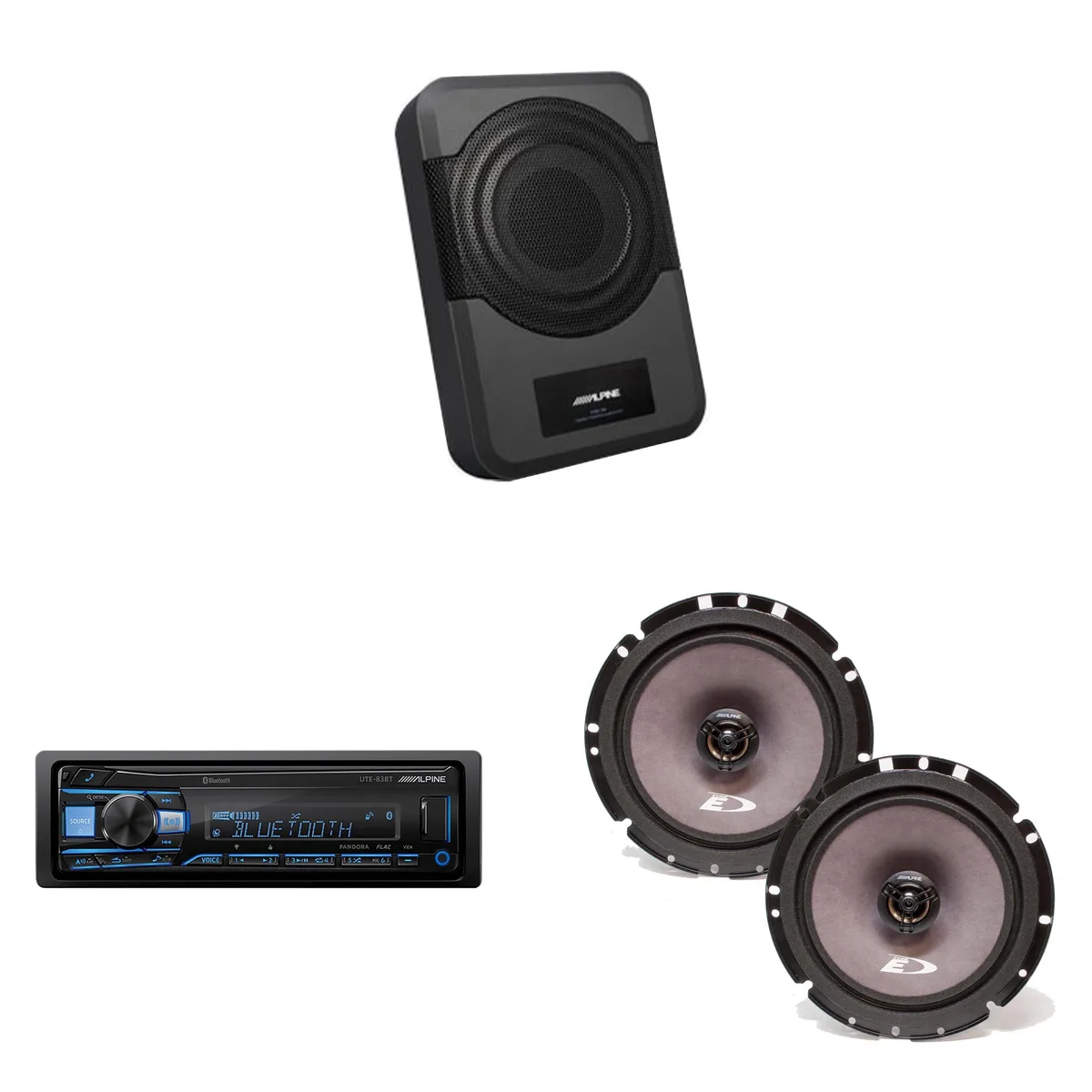 Compact black powered 8 inch subwoofer amplifier with cast metal finish