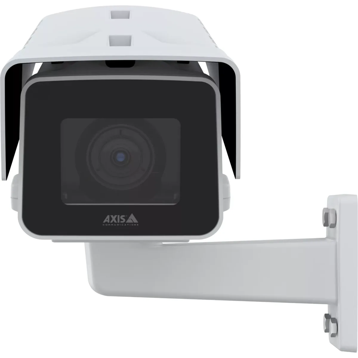 White rectangular outdoor box camera with sunshield and mounting bracket